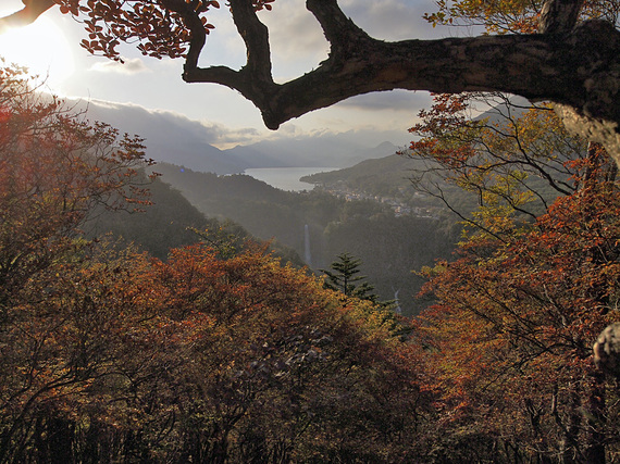 半月峠歩道から中善寺湖・華厳の滝を望む