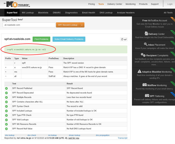 SPF Check & SPF LookupでSPFレコードの確認結果